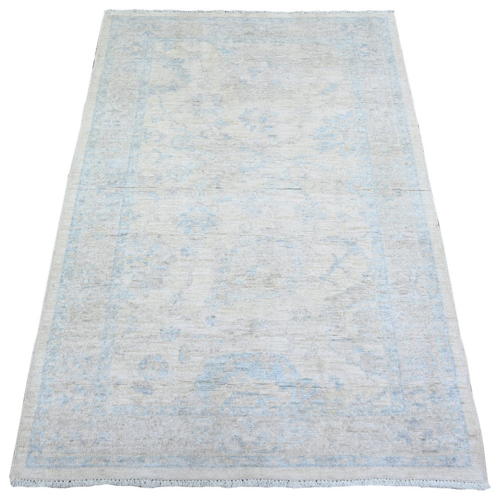 Night White Wool Hand Knotted White Wash Peshawar Oriental Rug, 3'1"x4'11"