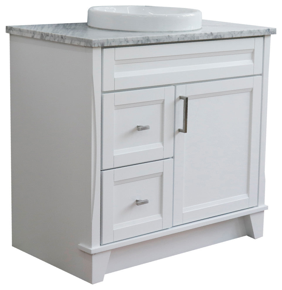 37" Single Sink Vanity, White Finish With White Carrara Marble