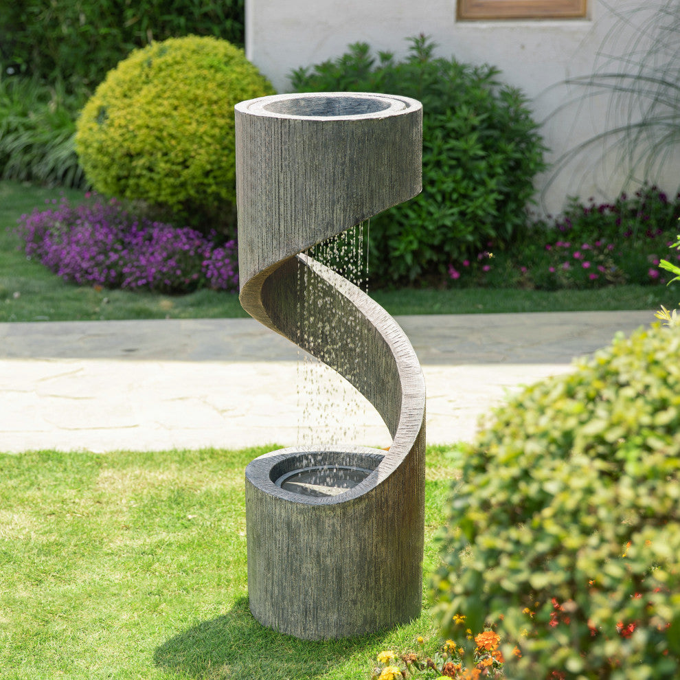 40"H Curving Shaped Outdoor Polyresin Gray Fountain With LED Light and Pump