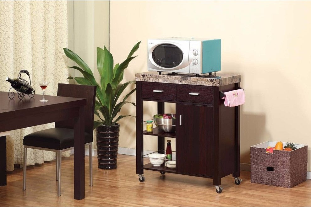 Contemporary Style Kitchen Cart With Faux Marble Top.