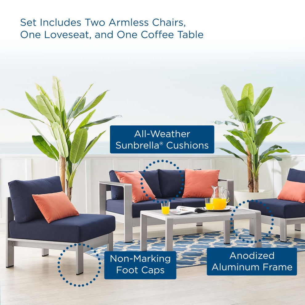 Sectional Sofa Chair Table Set, Sunbrella, Aluminum, Silver Blue Navy, Outdoor
