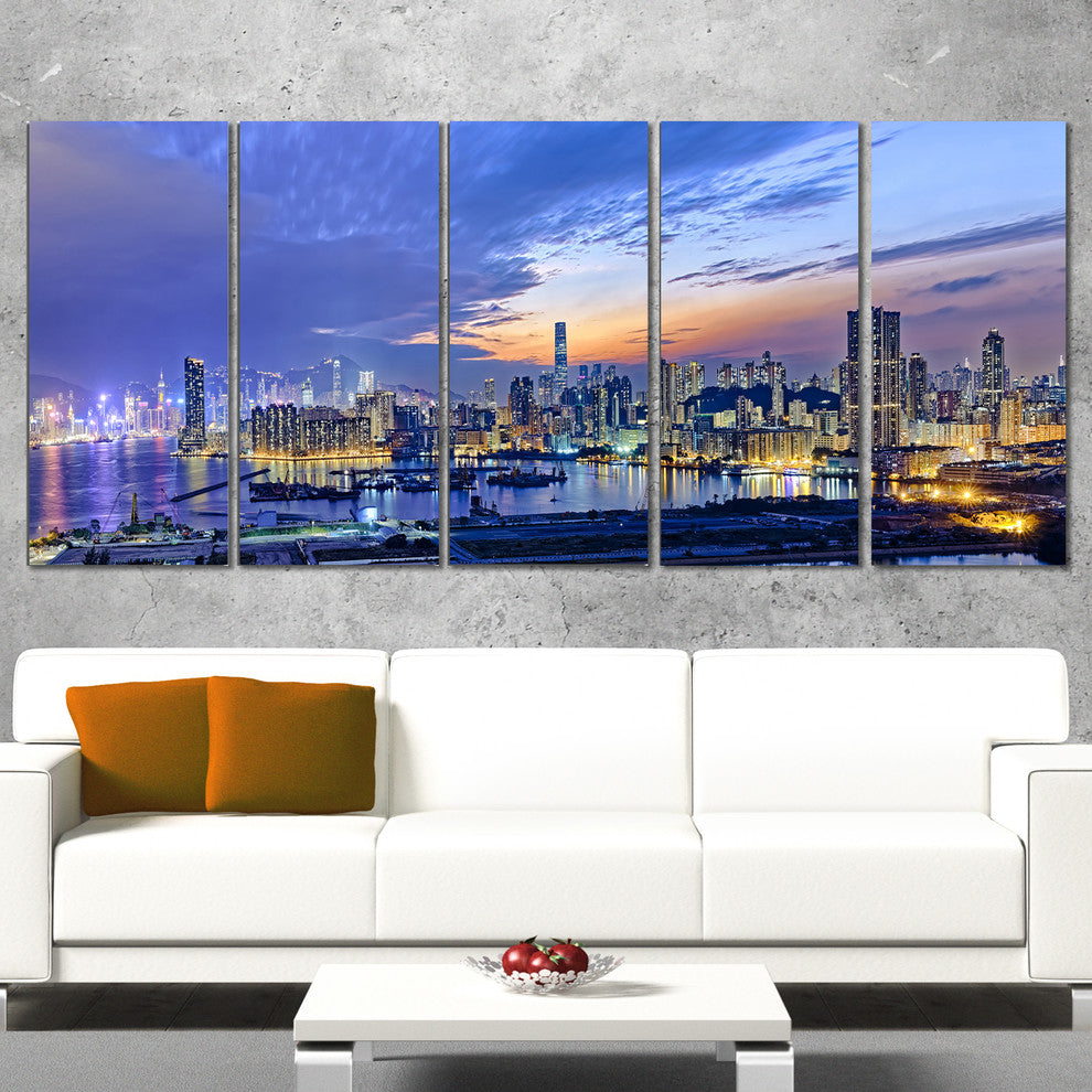 "Hong Kong City Sunset Panorama" Cityscape Artwork Canvas, 5 Panels, 60"x28"