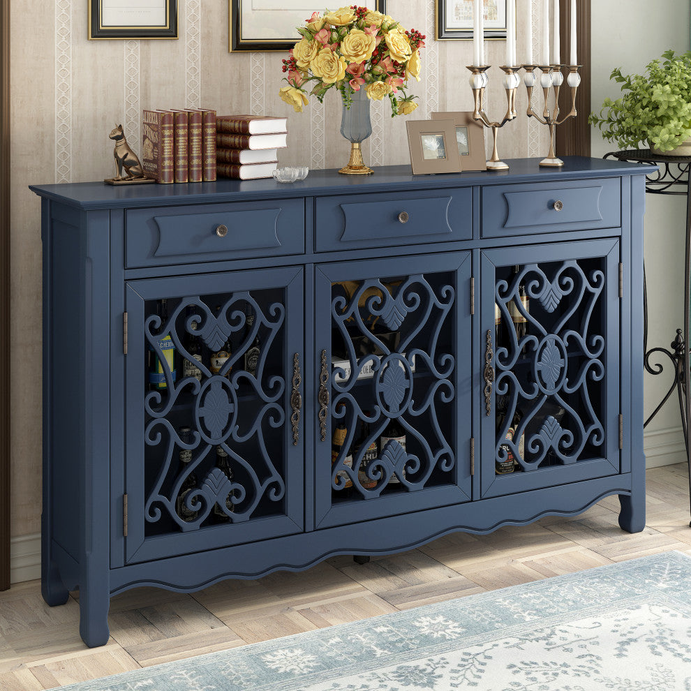 60-inch Wood Sideboard with Adjustable Shelves, Navy Blue, 60" X 13"