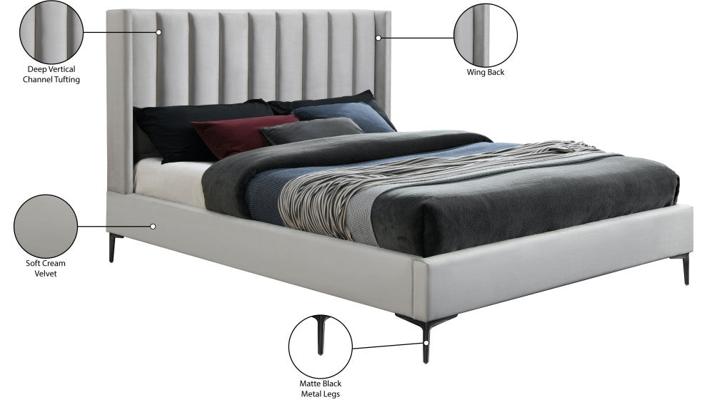 Nadia Velvet Upholstered Bed, Cream, Queen