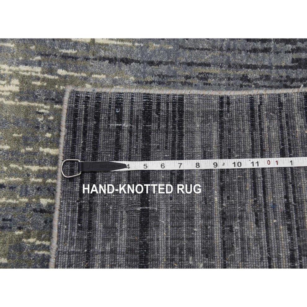 Gray and Blue Pure Wool Hand Knotted Modern Ombre Design Runner Rug, 2'6"x8'0"