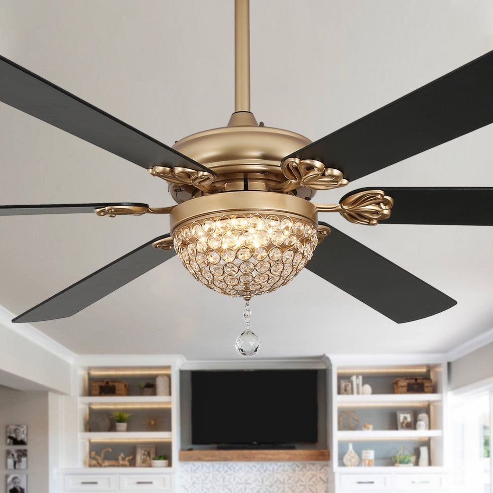 65" Modern Crystal Ceiling Fan with Dimmable LED Light and Remote, Black