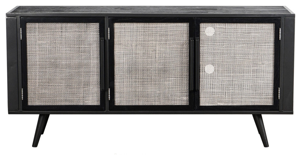 Rustic Black and Rattan Media Cabinet With Three Doors