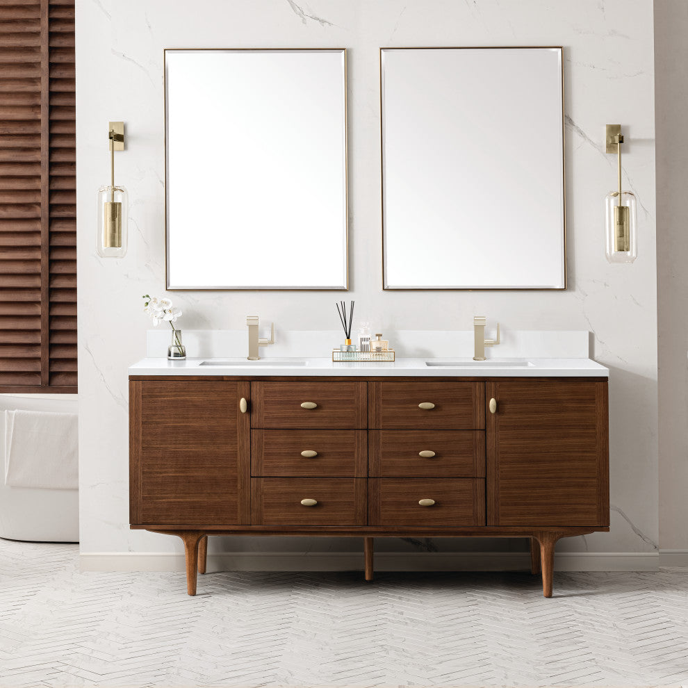 Amberly 30" Single Vanity, Mid-Century Walnut, 72", White Zeus, Single-Hole