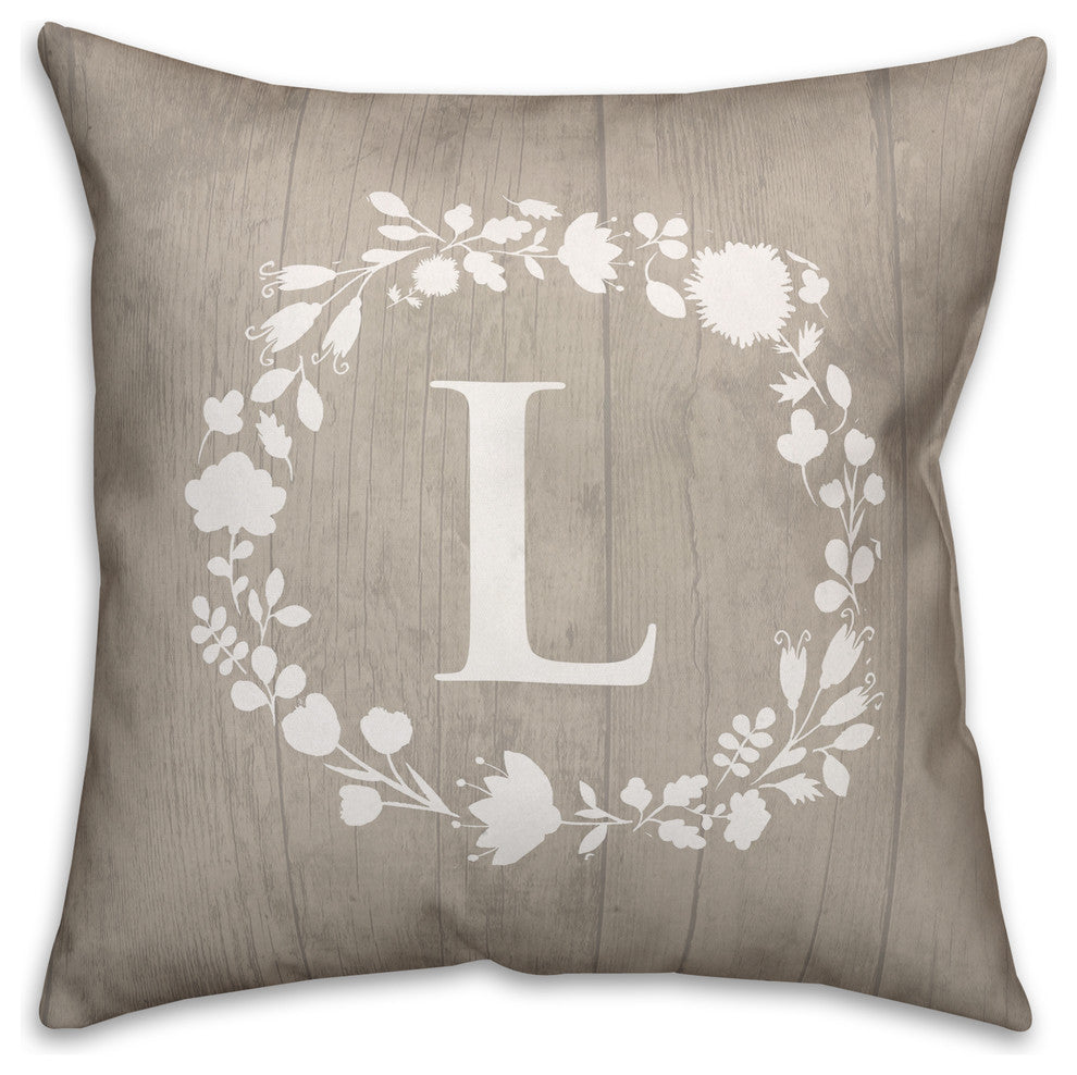 L Rustic Wreath Monogram Spun Poly Pillow, 18x18