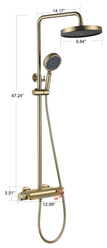 Thermostatic Wall Mounted Shower System with Multi-Function Hand Shower, Brushed Gold