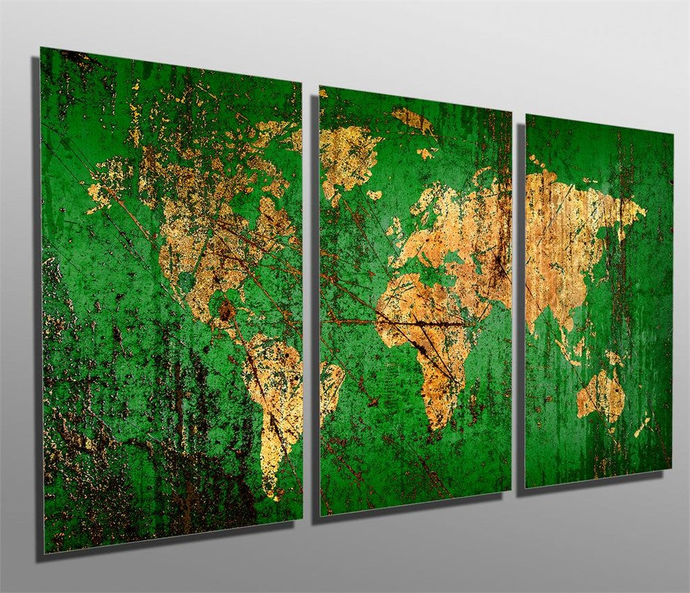 Abstract Green World Map Metal Print Wall Art, 3 Panel Split, Triptych, 48x24
