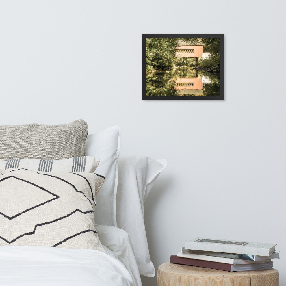 The Reflections of Wooddale Covered Bridge Aged Framed Photo Wall Art Print, Black, 11" X 14"