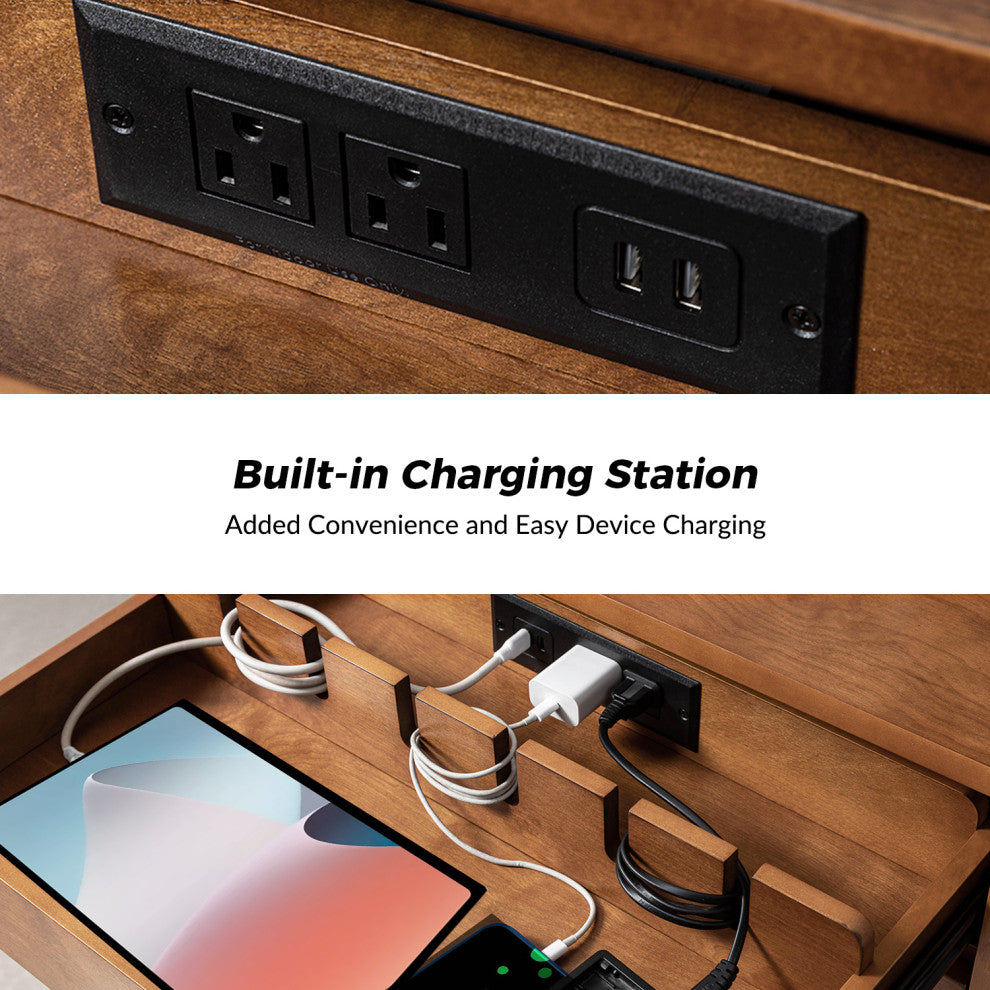 Mid-Century Modern 3-Drawer Nightstand With Charging Station, Acorn