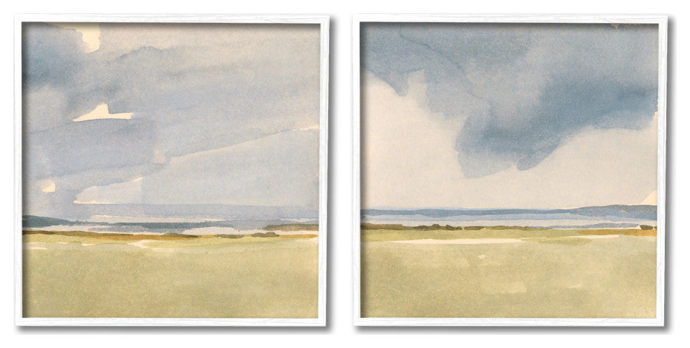Cloudy Field Nature Landscape Watercolor Collage, 2pc, each 17 x 17