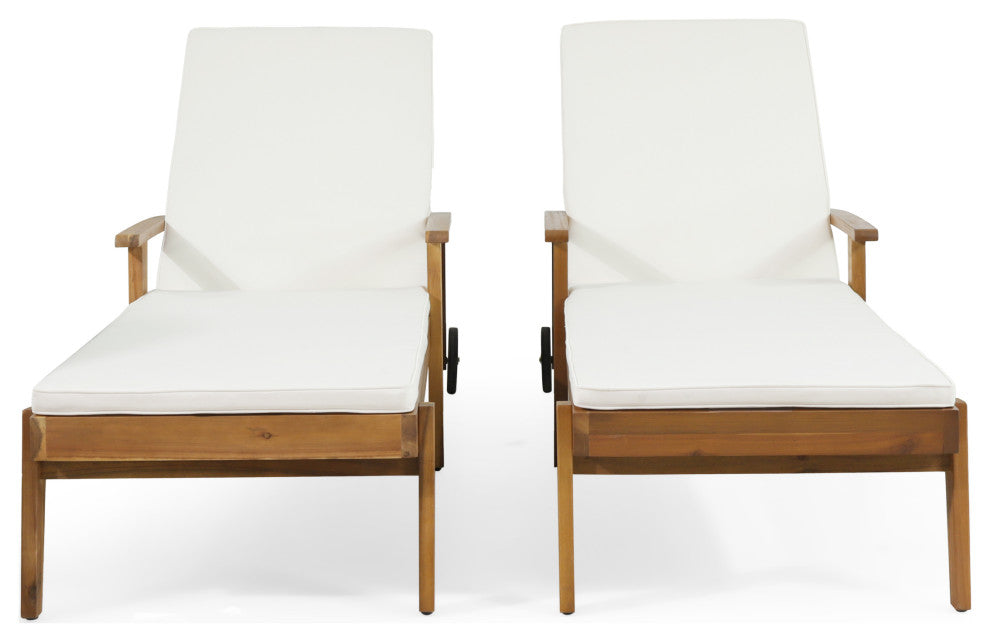 Lucknow Outdoor Acacia Wood Chaise Lounge with Water Resistant Cushion, Set of 2, Cream + Teak