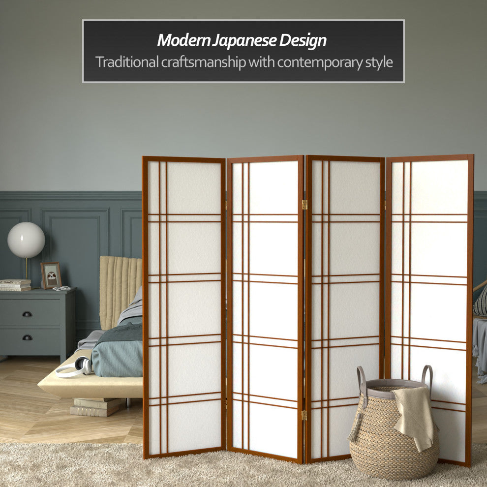 5' Tall Double Cross Shoji Screen, Walnut, 4 Panels