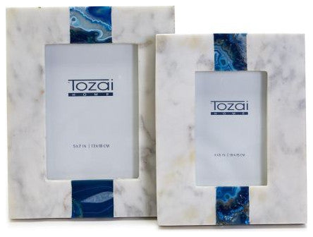 Two's Company Set of 2 White Marble with Blue Agate Inlay Photo Frames