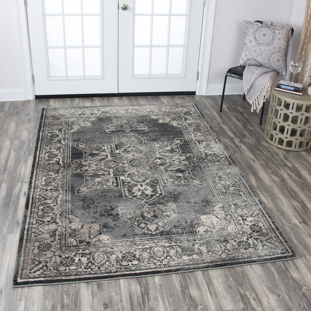 Panache PN6972 Gray Central Medallion Distress Rug, Rectangular 7'10"x10'10"