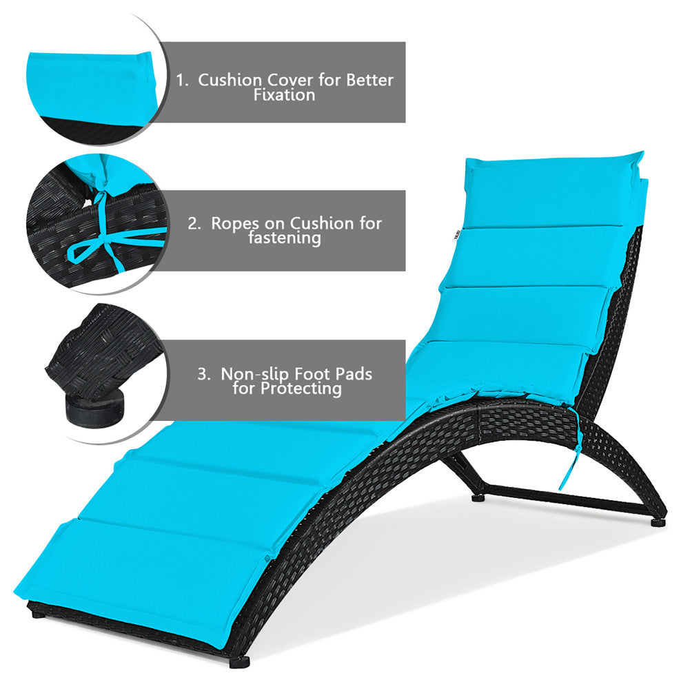 Costway Folding Patio Rattan Lounge Chair Chaise Cushioned Garden Turquoise