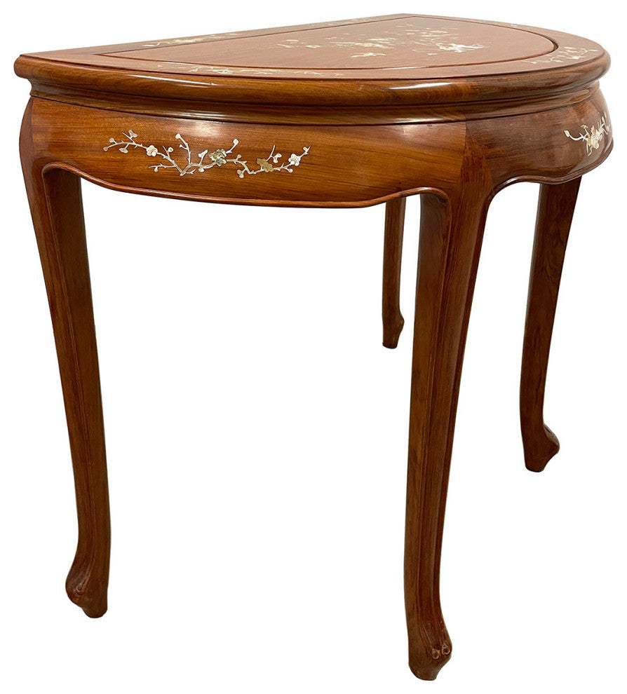 Consigned 20th Century Chinese Rosewood Half Moon Table w/Mother of Pearl inlay