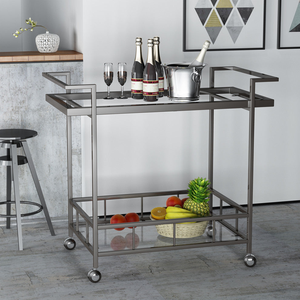 GDF Studio Brose Indoor Black Iron Bar Cart With Tempered Glass Shelves