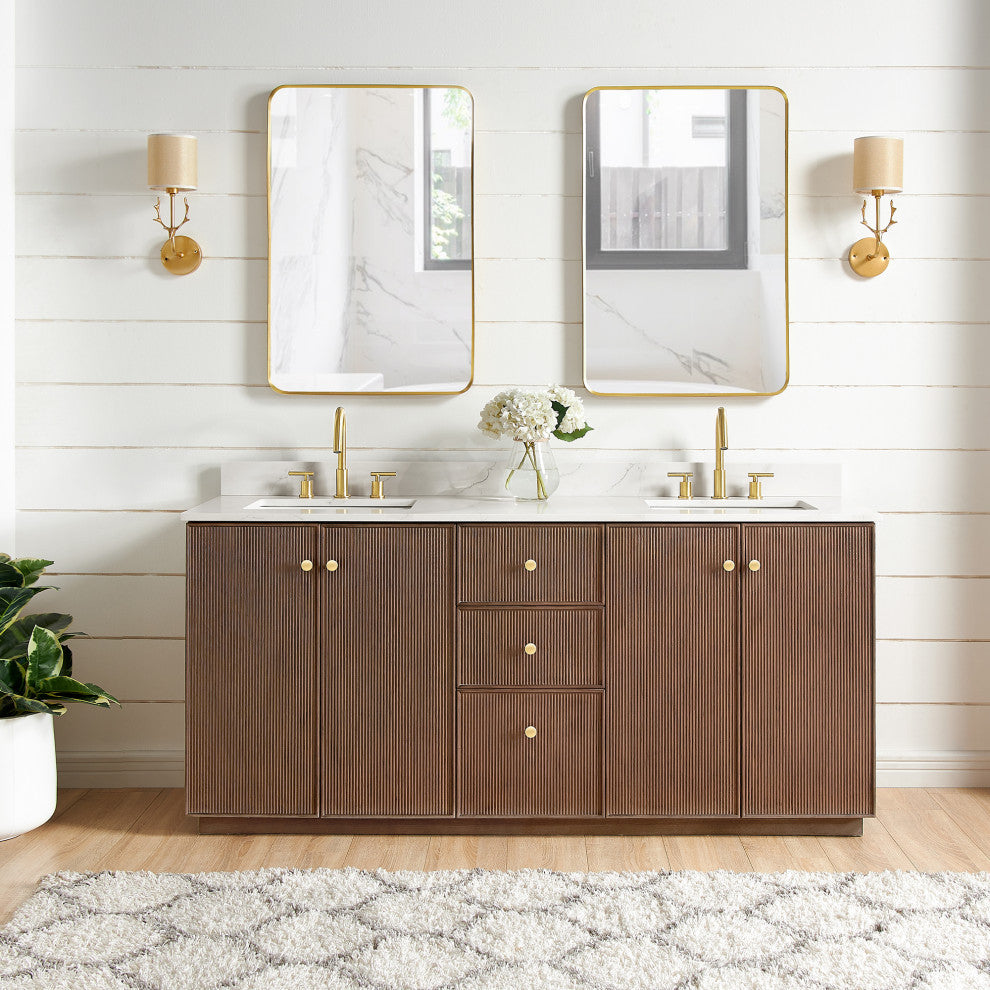 Oza Bath Vanity with Quartz Stone Top, Aged Dark Brown Oak, 72", Double Vanity, No Mirror