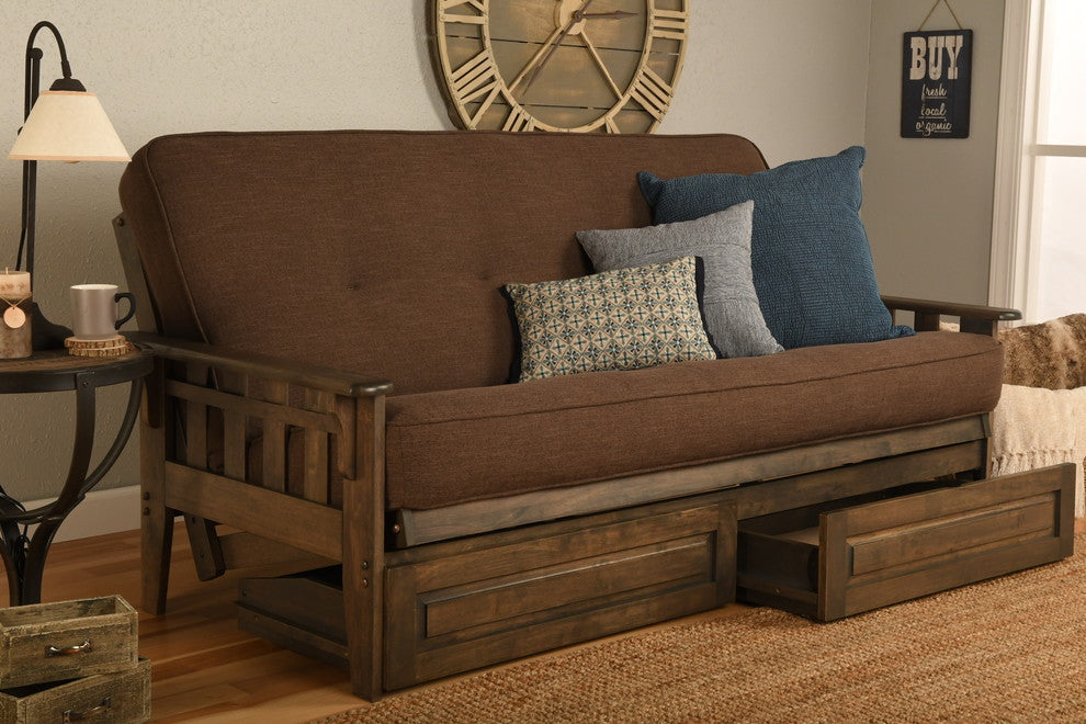 Sonora Frame, Rustic Walnut Finish, Storage Drawers and Mattress, Linen Cocoa