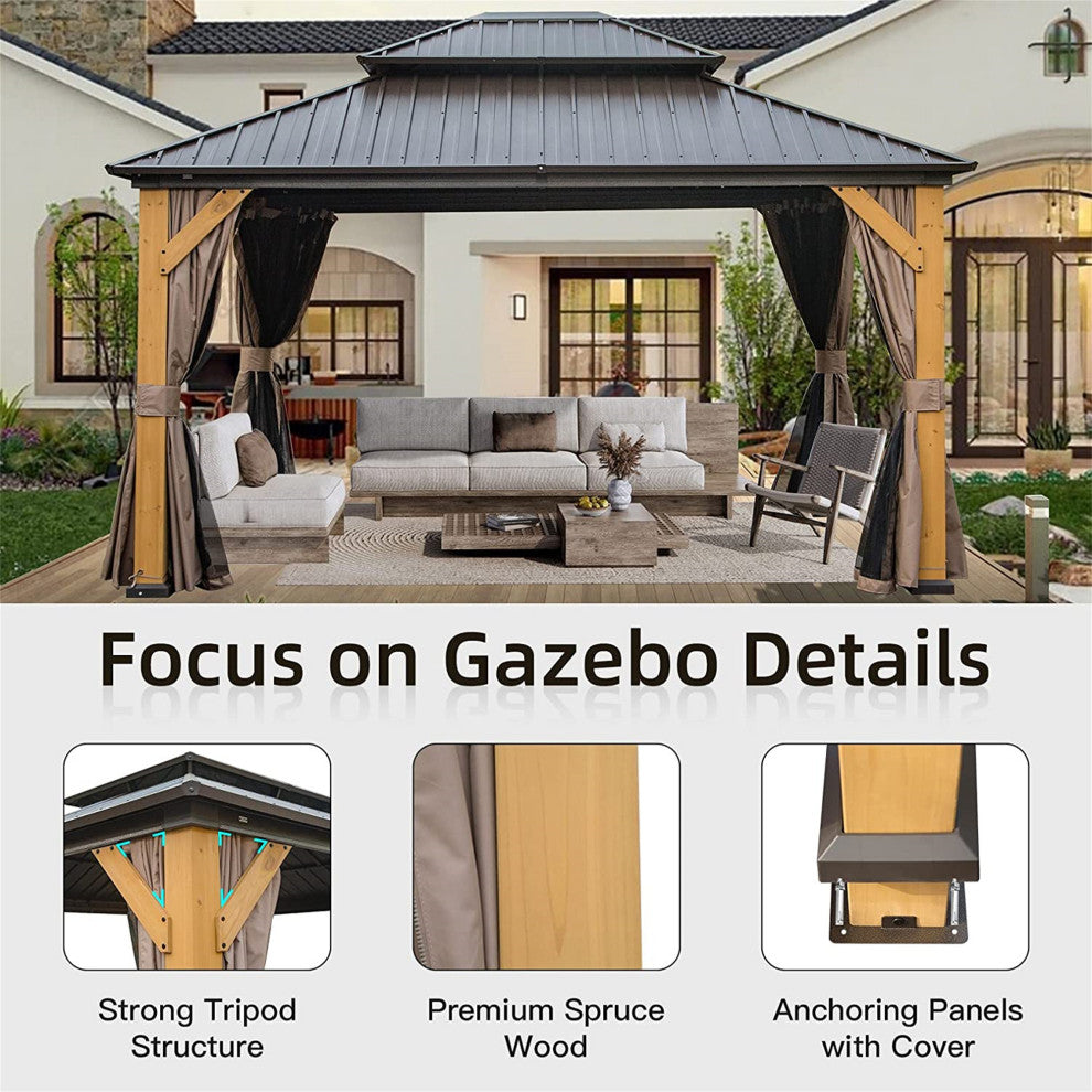 Cedar Wood Gazebo with Galvanized Steel Double Roof, 12'x14'