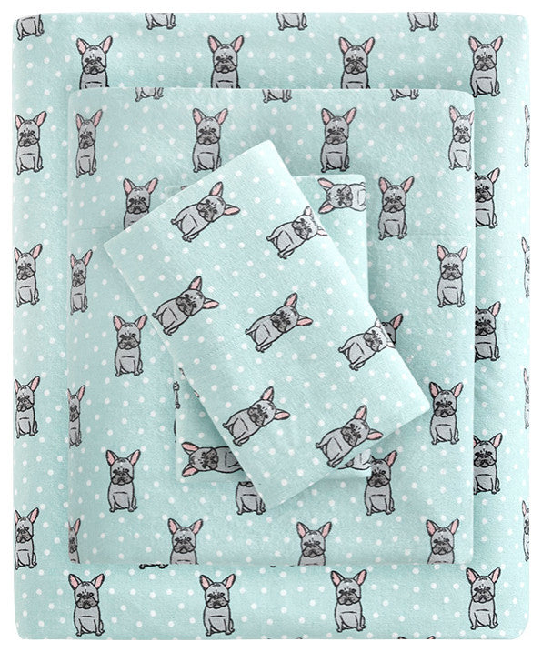True North by Sleep Philosophy Cotton Flannel Sheet Set, French Bulldog, Blue