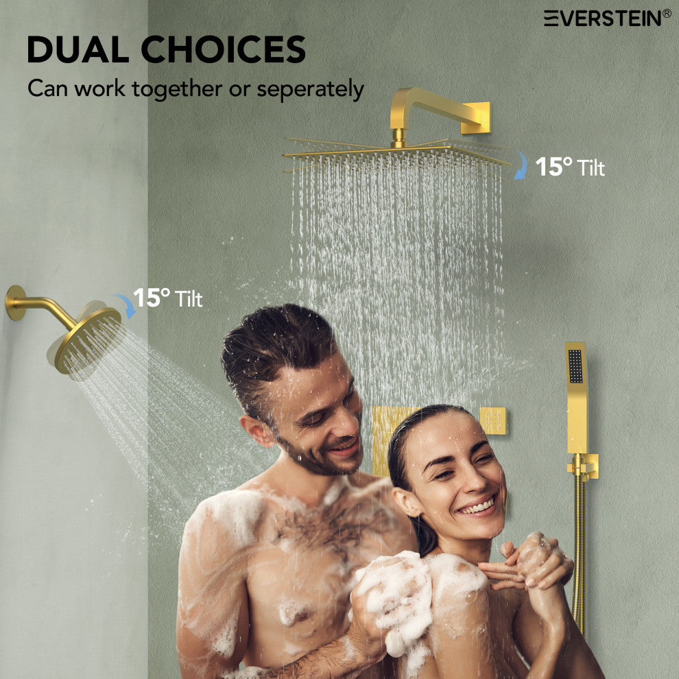 Dual Heads 12" Rain Shower System With 3 Way Thermostatic Faucet,Body Jets, Brushed Gold