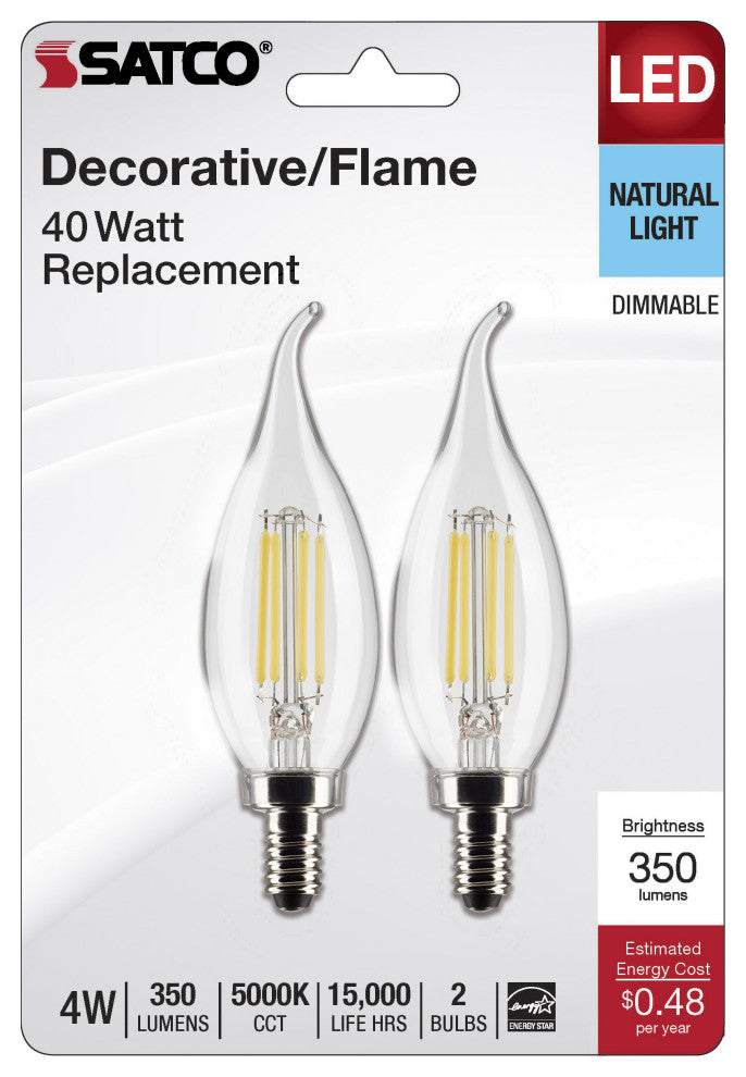 4W CA10 LED, Clear, Candelabra Base, 5000K, 350 Lumens, 120V, 2-Pack