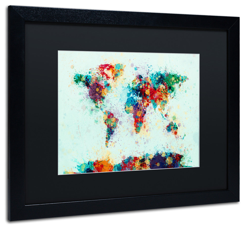 Michael Tompsett 'World Map Paint Splash' Matted Framed Art, Black Mat, 20"x16"