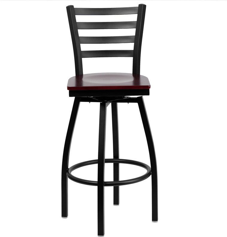 HERCULES Series Black Ladder Back Swivel Metal Barstool, Mahogany Wood Seat