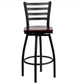 HERCULES Series Black Ladder Back Swivel Metal Barstool, Mahogany Wood Seat