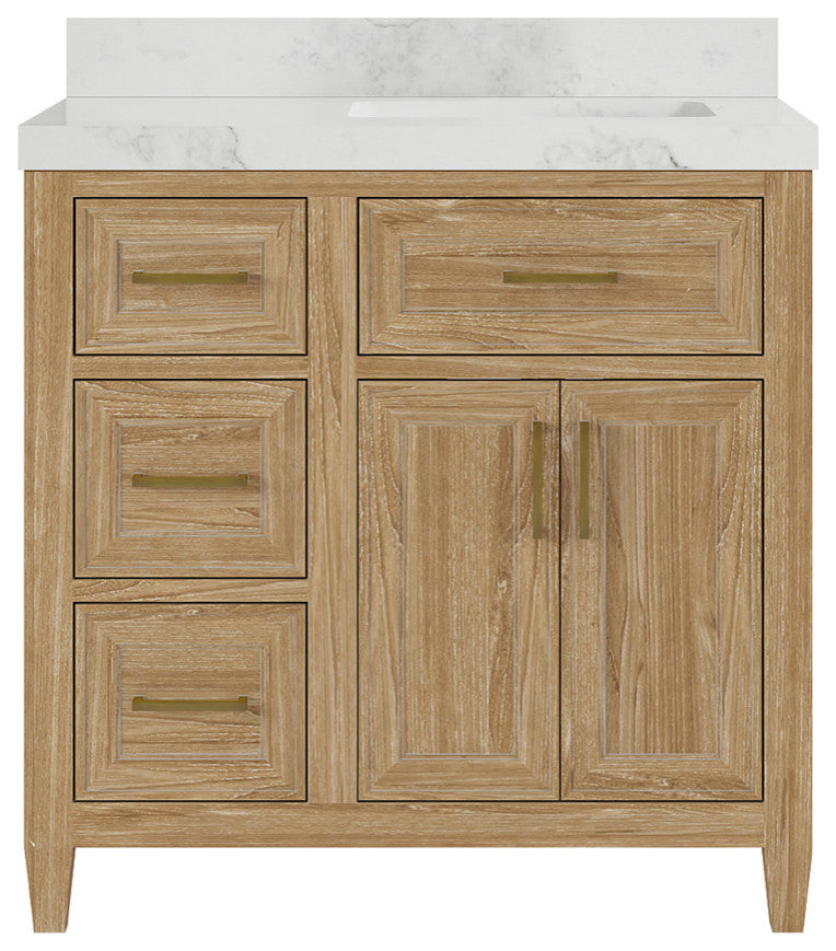 Santa Monica 36 Right Offset  Bath Vanity in Whitewashed Teak 2" Calacatta Nuvo