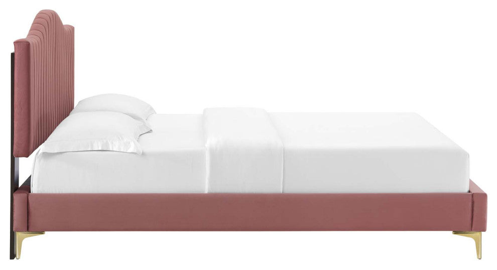 Tufted Platform Bed Frame, Queen Size, Velvet, Pink, Modern Contemporary