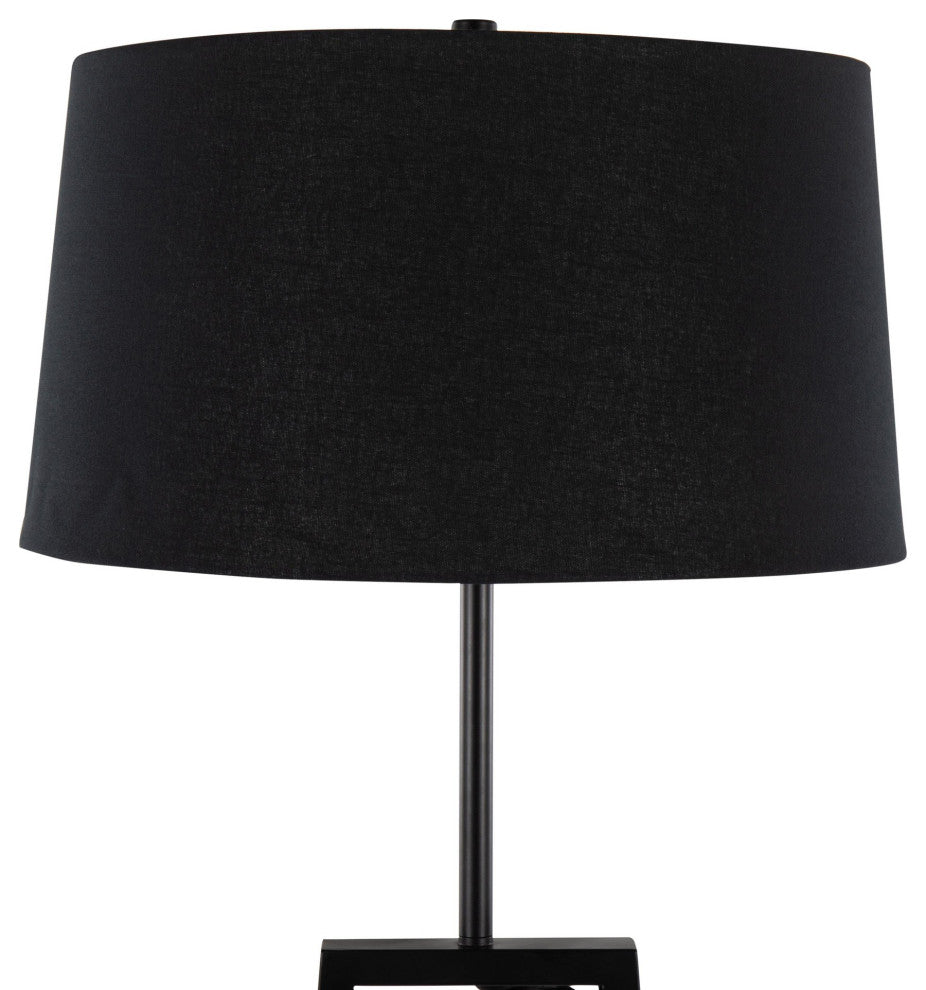 Cosmo Shelf Floor Lamp, White Marble/Black Metal With Black Linen Shade