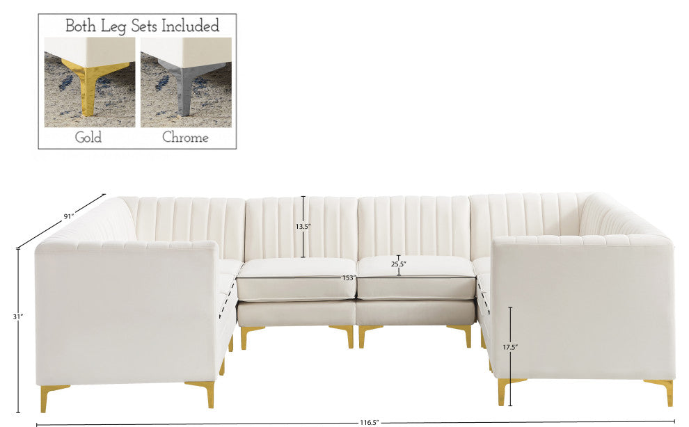Alina Velvet Modular U-Shaped Sectional, Cream, 8-Piece: 4 Armless Chair, 4 Corner Chair