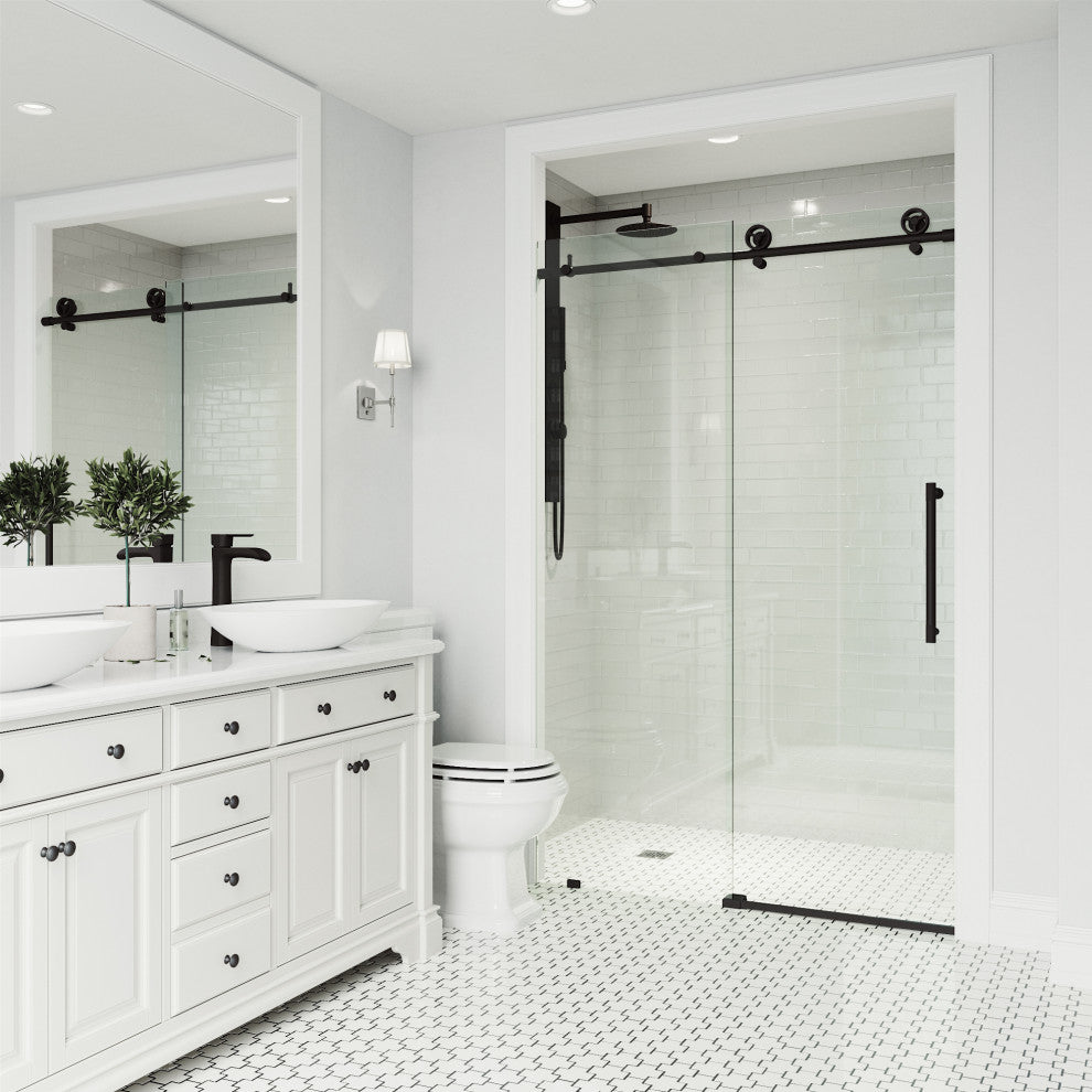 VIGO Elan Cass Aerodynamic 56" to 60" W x 76" H Frameless Sliding Shower Door, Matte Black, Clear Glass