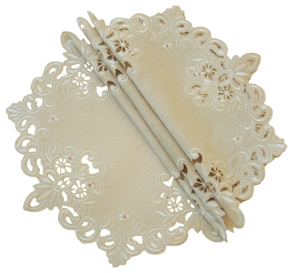 Victorian Lace Embroidered Cutwork Round Doilies, 12", Taupe, Set of 4