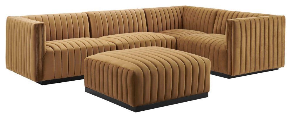 Conjure Channel Tufted Performance Velvet 5-Piece Sectional, Black Cognac