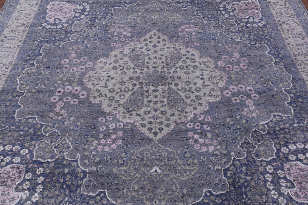 8' Square Persian Tabriz Wool and Silk Hand Knotted Rug Q12096