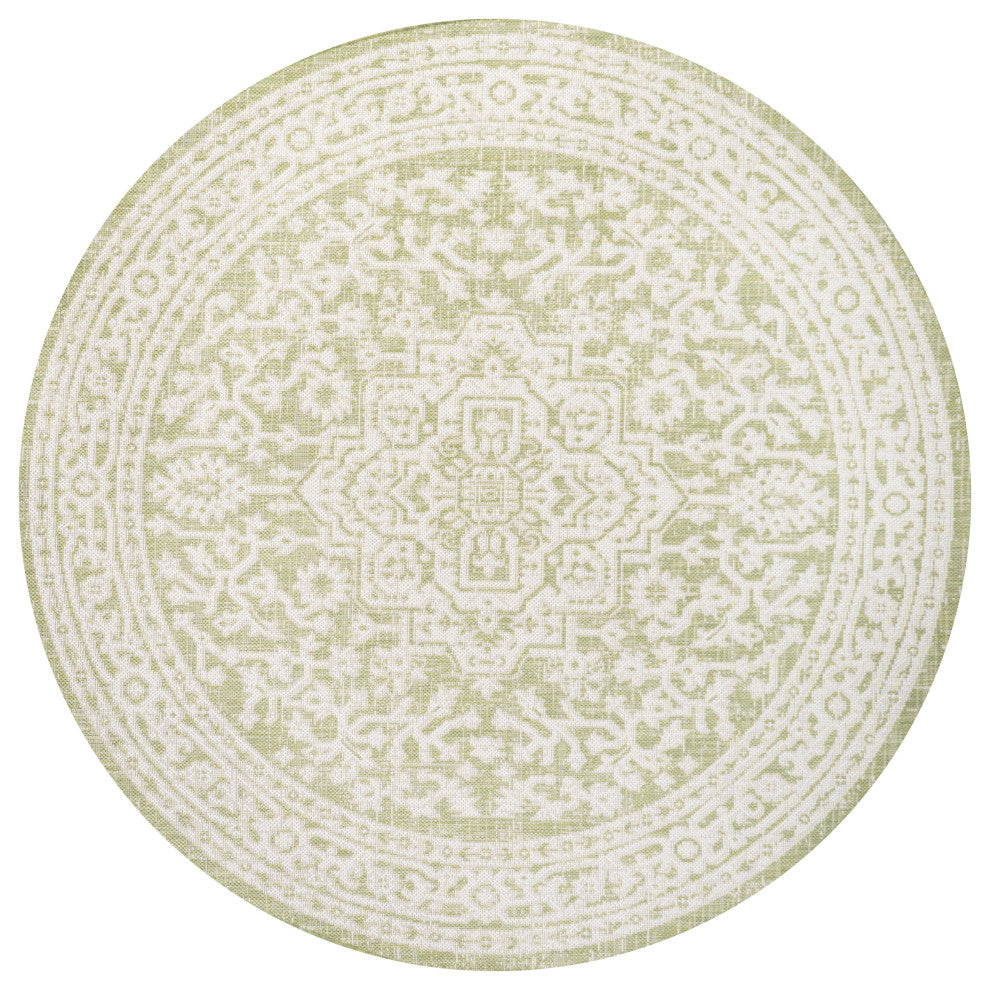 Sinjuri Medallion Textured Weave Indoor/Outdoor, Green/Cream, 5' Round