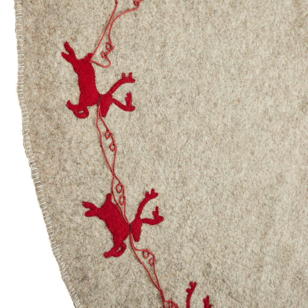 Reindeer Christmas Tree Skirt, Gray With Red Reindeer and Cream Whip Stitch, 72"
