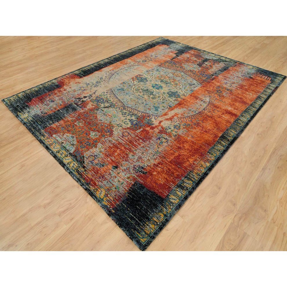 Orange Hand Knotted Ancient Ottoman Erased Design Ghazni Wool Rug 9'2"x12'