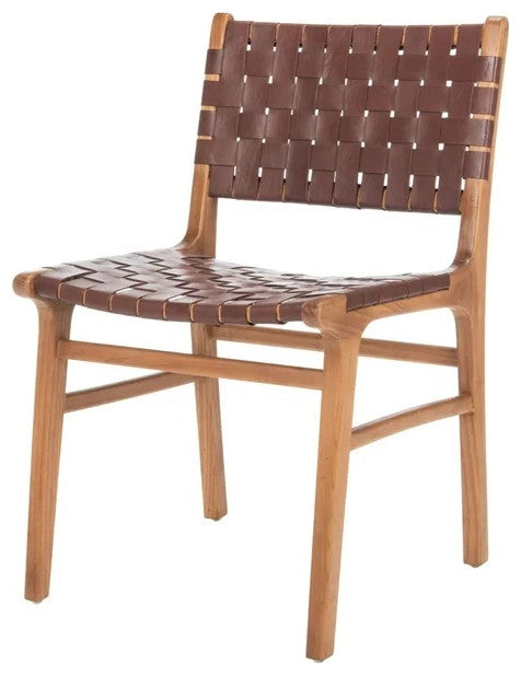 Set of 2 Woven Leather Dining Chairs with Sungkai Wood Frame, Cognac/Natural