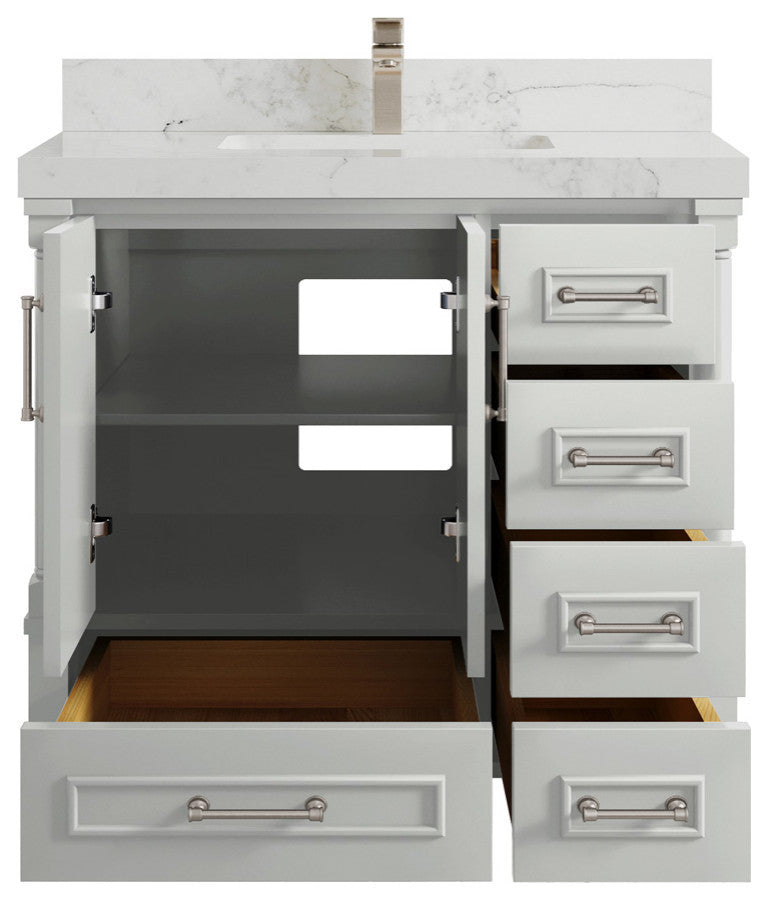 Aberdeen 36 Center Sink Bath Vanity in Coventry Gray 2" Calacatta Nuvo