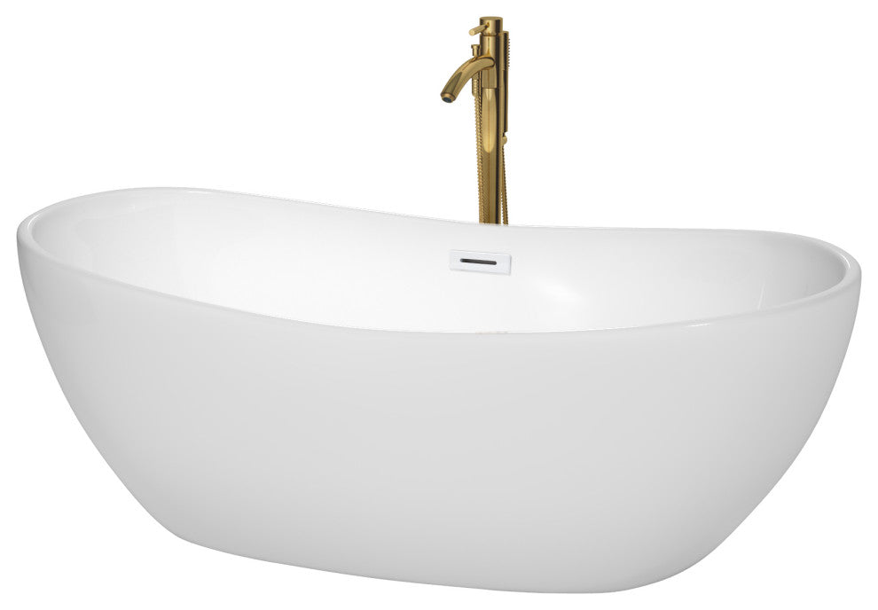 Rebecca 60 to 70" Freestanding Bathtub with options, Shiny White Trim, 65 Inch, Floor Mounted Faucet in Brushed Gold