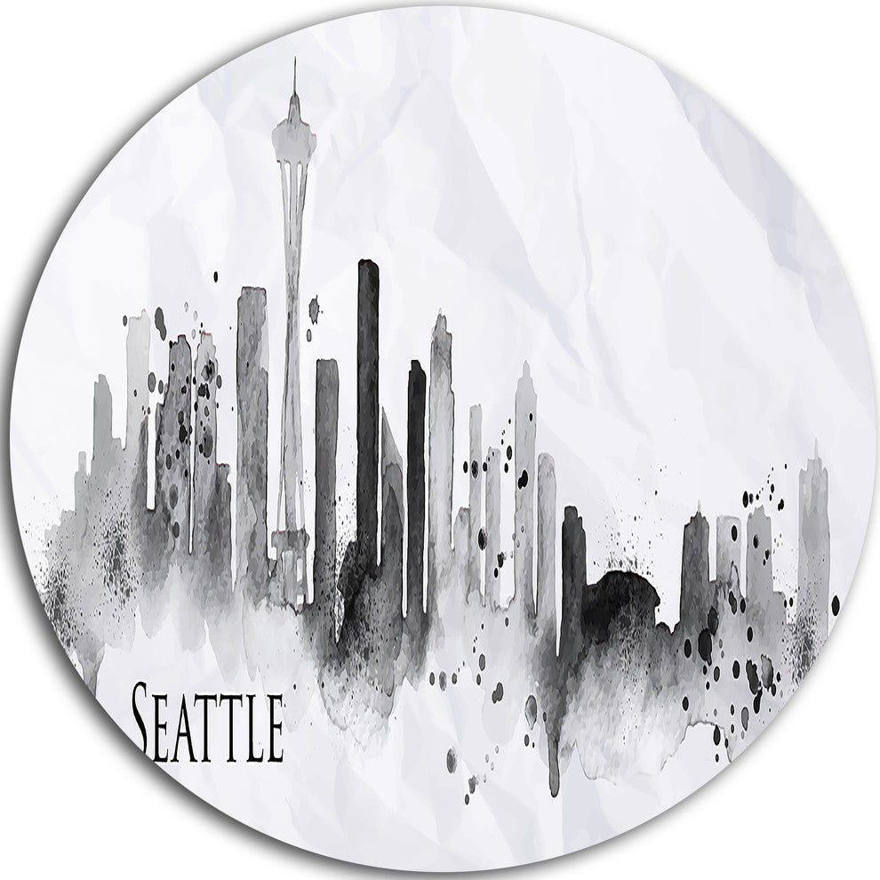Seattle Black Silhouette, Cityscape Painting Disc Metal Artwork, 36"