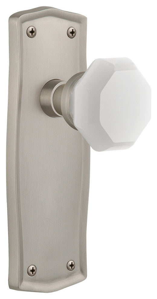 Prairie Plate Privacy Waldorf White Milk Glass Knob, Satin Nickel